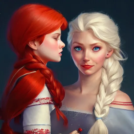 Image similar to elsa & anna, portrait, highly detailed, trending on artstation, d & d, concept art, sharp focus, red hair, illustration, digital painting, art by artgerm and greg rutkowski and magali villeneuve