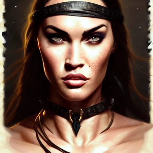 Image similar to portrait of megan fox, muscular upper body, slave collar, blindfolded, dress, fantasy, intricate, elegant, highly detailed, digital painting, artstation, concept art, matte, sharp focus, illustration, art by aenaluck and roberto ferri and greg rutkowski, epic fantasy, digital painting