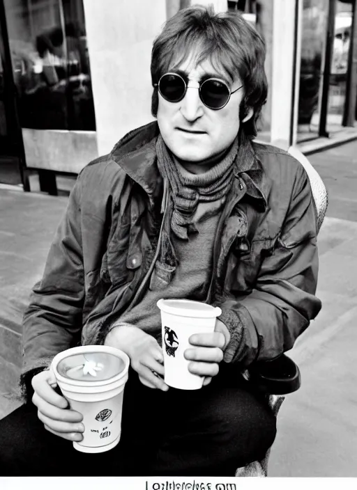 Prompt: john lennon sitting inside a starbucks and taking a picture of his drink cup with his iphone 1 2, black and white photo, real, photorealistic