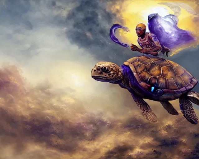 Prompt: kobe bryant riding on a turtle in heaven, fantasy art, illustration, epic art, fantasy, intricate, elgant, amazing detail, digital painting, artstation, concept art, smooth, sharp focus