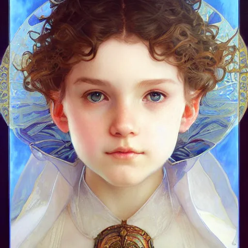 Image similar to a little girl with short wavy curly light brown hair and blue eyes, a space empress. beautiful highly detailed face, painting by artgerm and greg rutkowski and alphonse mucha.