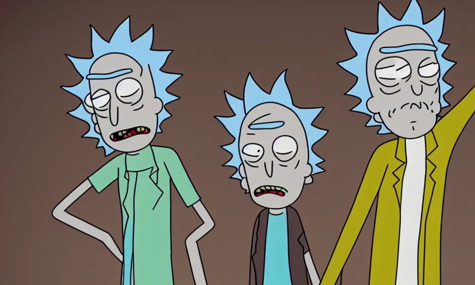 Image similar to Rick and Morty as real persons, medium shot, highly detailed, studio lighting, realistic
