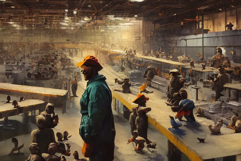 Prompt: A mixed media painting of a duck worker in front of an assembly line with babies on it, by Frank Frazetta, Greg Rutkowski, Beeple, post-processing, low angle, masterpiece, cinematic, isometric, volumetric lighting