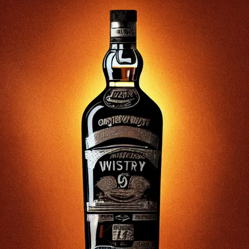 Prompt: an old vintage bottle of whisky on the shelf of a very vintage bar, photorealistic, close up shot on the bottle of whisky, trending on artstation