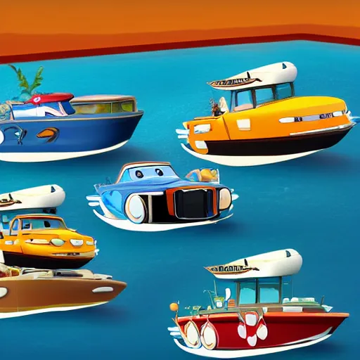 Prompt: Boats in the style of Disney Pixar's Cars (2006), official screenshot