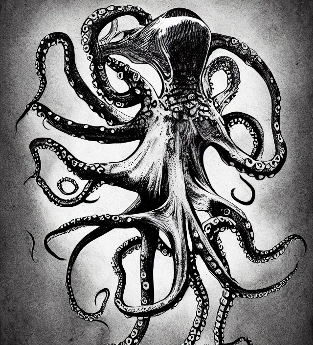 Prompt: a wise octopus, concept art, digital art, deviantart artstation, tattoo, black and white,