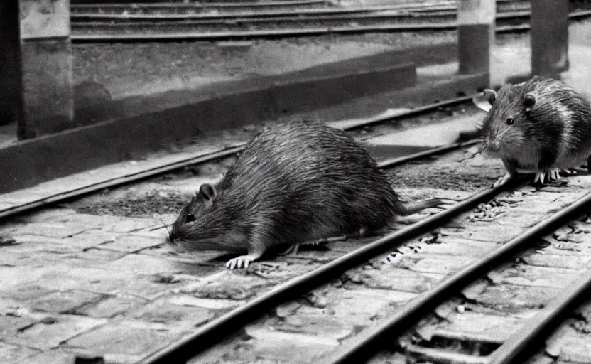 Image similar to giant mutant antropomorphic rat sitting on railways of tonnel of moscow subway. extreme high detail. photo by russos. dark and fear atmosphere.