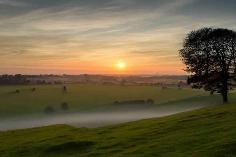 Image similar to A landscape photograph showing the city of Salisbury viewed from Old Sarum at sunrise, lighting by Albert Bierstadt, misty!!!, beautiful light, cinematic, morning light, dawn, English countryside, award winning photography, highly detailed, 24mm, fujifilm