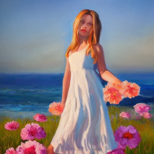 Image similar to an influencer girl portrait in long white dress, sunset, flowers, ocean in distance, oil painting, pale colors, high detail, 8 k, wide angle, trending on artstation,