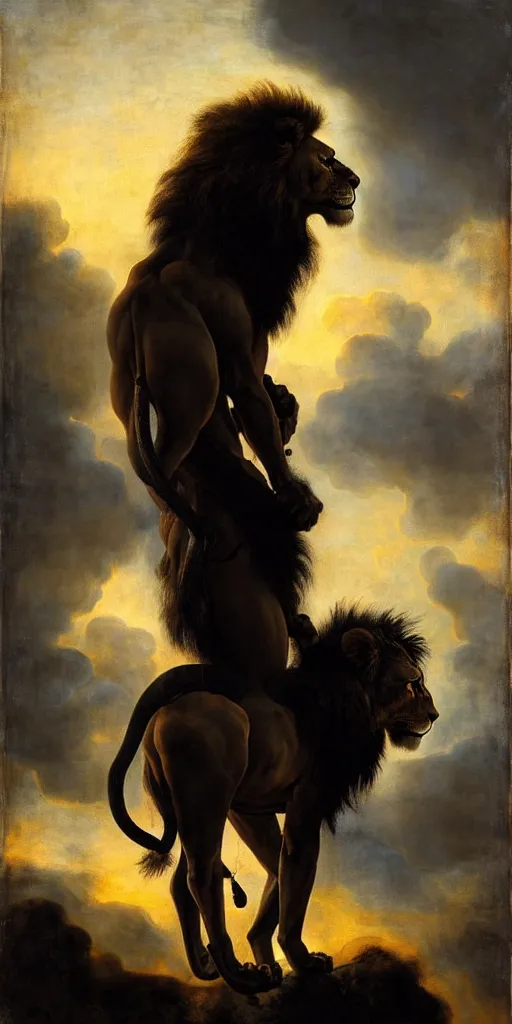 Prompt: muscular oversized lion animal as barbarian hunter with weapon and anthropomorphic human oversized mutant proportions and very hairy body , backlight body , extreme very textured detailed panoramic futuristic painting by rembrandt , silhouette over sunset, dramatic clouds and cyan atmosphere