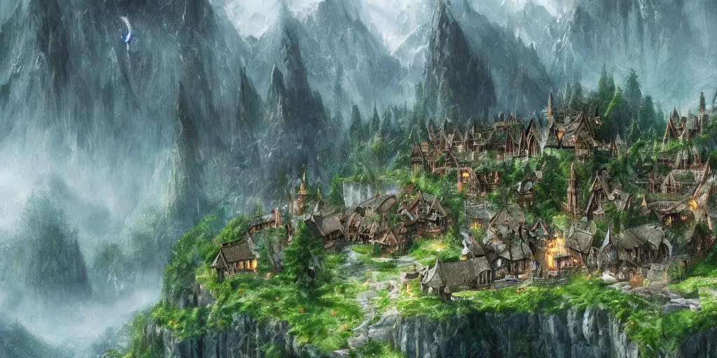 Image similar to lord of the ring. elf city. elvish village. rivendell. mountains. beautiful forest. concept art. epic. cinematic. artstation.