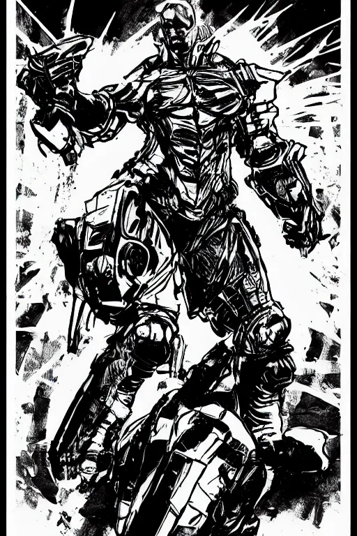 Prompt: senator amstrong from metal gear rising, doing a heroic pose, a page from cyberpunk 2 0 2 0, style of paolo parente, style of mike jackson, adam smasher, johnny silverhand, 1 9 9 0 s comic book style, white background, ink drawing, black and white