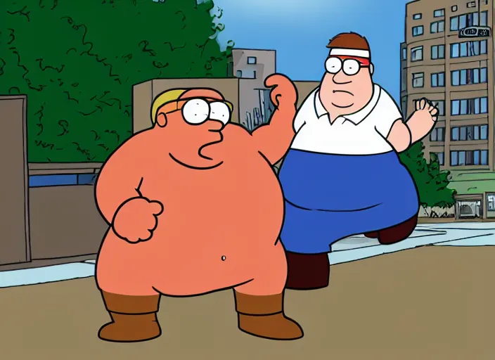 Prompt: peter griffin getting kicked in the face by brian, cartoon, still image
