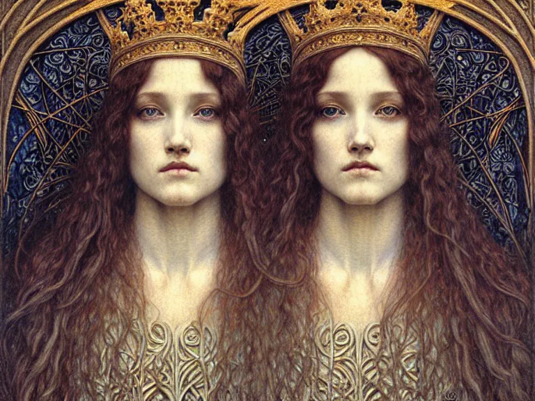 Image similar to detailed realistic beautiful young medieval queen face portrait by jean delville, gustave dore and marco mazzoni, art nouveau, symbolist, visionary, gothic, pre - raphaelite. horizontal symmetry