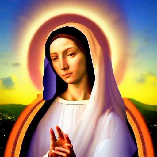 Prompt: a realistic digital photo of virgin mary as sunset clouds