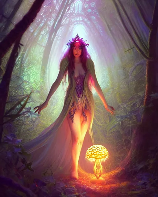 Image similar to stunningly beautiful female faerie priestess in amanita muscaria forest landscape, symmetrical wings on back, neon hair, fantasy art, dark light night, sharp focus, digital painting, 4 k, concept art, art by wlop, artgerm, greg rutkowski and alphonse mucha