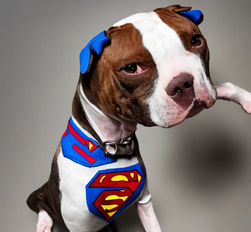 Image similar to pitbull dog wearing superman suit, hyperrealistic, 8 k resolution, well designed