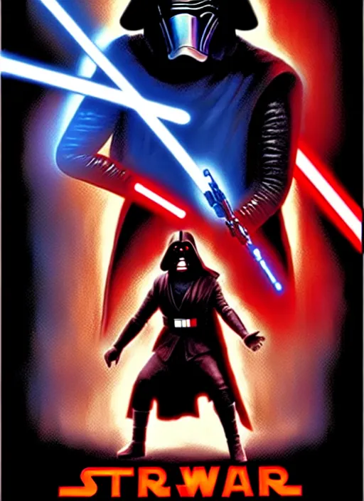 Image similar to movie poster for the new star wars movie, kylo ren fights jar jar binks, by drew struzan