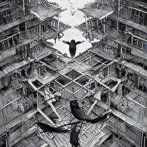 Image similar to crows at a architectural complex with an occult witch by Android Jones and M. C. Escher collaboration, futurist, digital art, dramatic lighting, symbolic