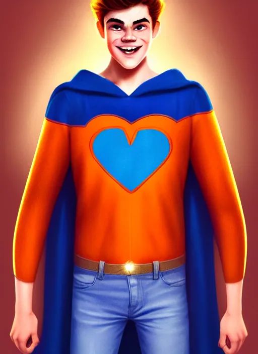 Image similar to friendly teenage archie andrews wearing an orange superhero costume with heart logo, heart, freckles, blue cape, heart emblem on chest, blue cape, intricate, elegant, glowing lights, highly detailed, digital painting, artstation, sharp focus, illustration, art by wlop, mars ravelo and greg rutkowski