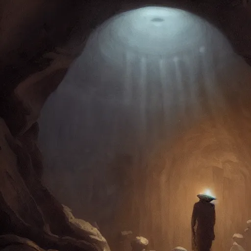 Image similar to alien marker in the center of a cavern, atmospheric, ambient, livia prima, greg rutkowski, edward hopper, pj crook