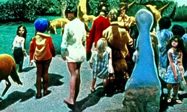 Prompt: full - color cinematic movie still from a 1 9 6 8 surreal film directed by salvador dali about children visiting a zoo. bizarre ; dream - like.