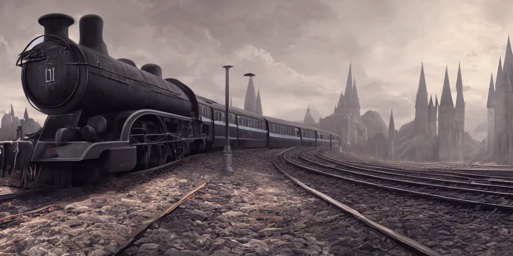 Prompt: mysterious painting of Hogwarts train, immaculate scale, hyper-realistic, Unreal Engine, Octane Render, digital art, trending on Artstation, 8k, detailed, atmospheric, immaculate