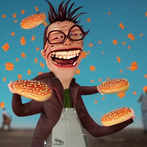 Prompt: a mad scientist in his back yard laughing happily at the hamburgers which are falling from the sky , concept art, trending on artstation 3D.