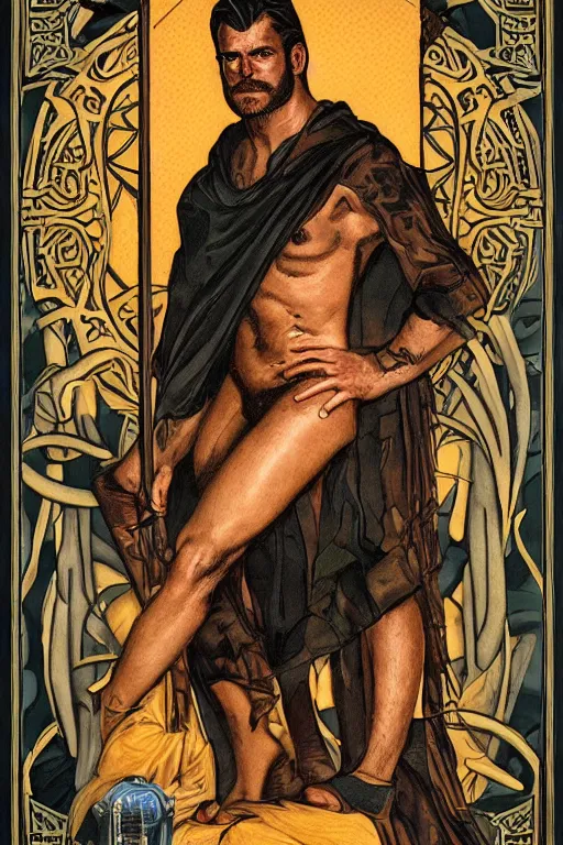 Prompt: a beautiful dramatic tarot card of a shirtless rugged handsome cowboy, dad bod, homoerotic, art deco, art nouveau, by mark maggiori, by bill ward, trending on artstation