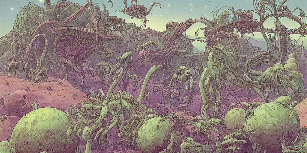Prompt: Alien planet with multiple fauna and flora by Moebius