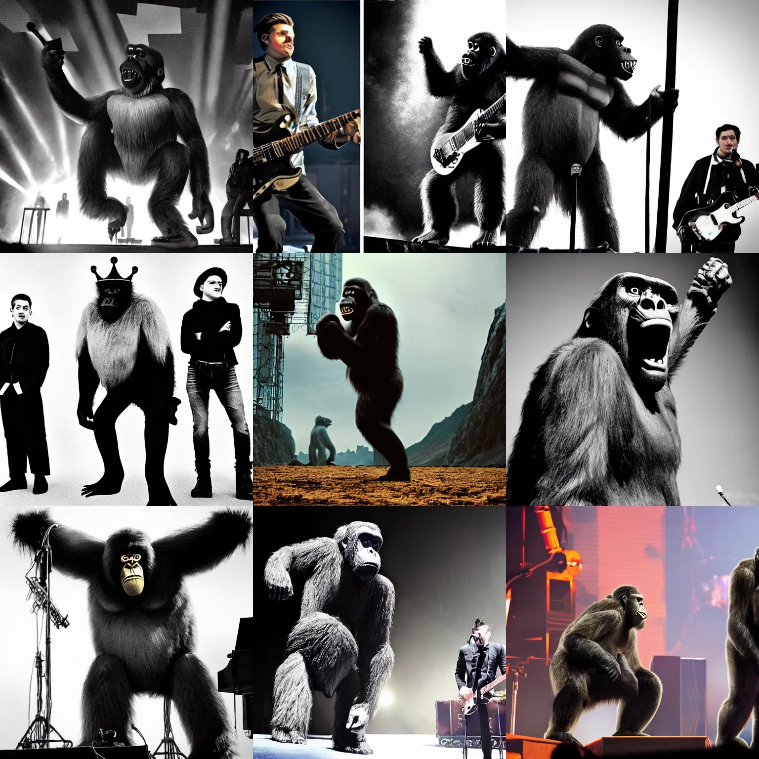 Prompt: King Kong performs with Arctic Monkeys