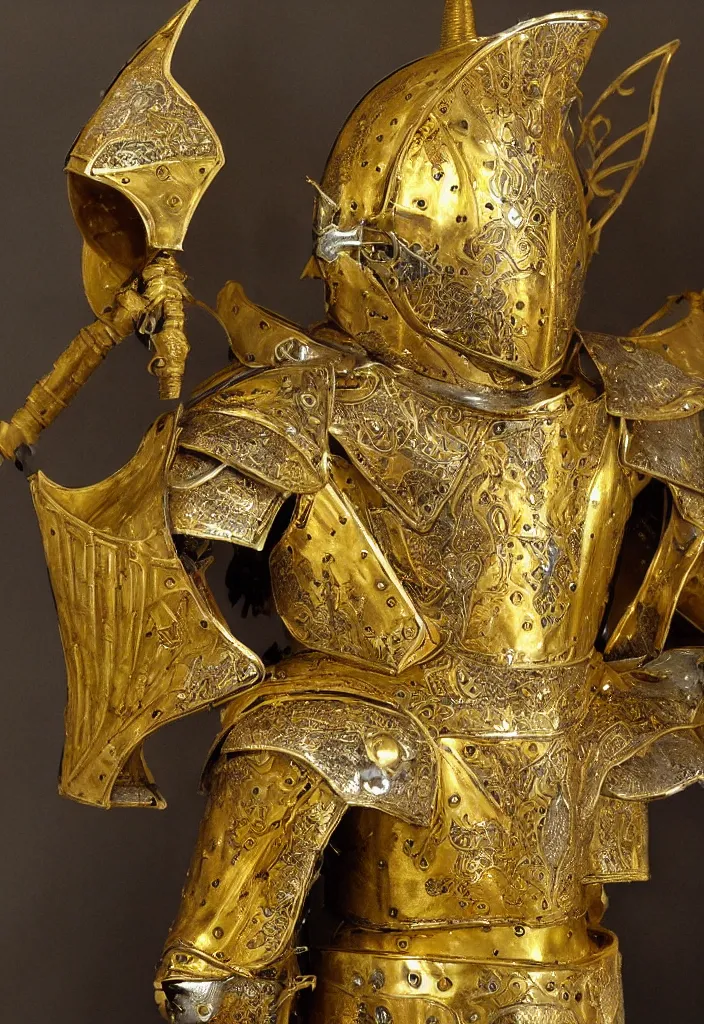 Prompt: holy knight wearing golden and white intricate armour, wings on the helm, fantasy