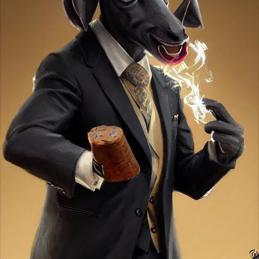 Image similar to award winning character art commission of an anthro furry humanoid goat smoking a cigar, three piece suit, character concept design, painting, detailed, vivid, trending on artstation, art by greg rutkowski