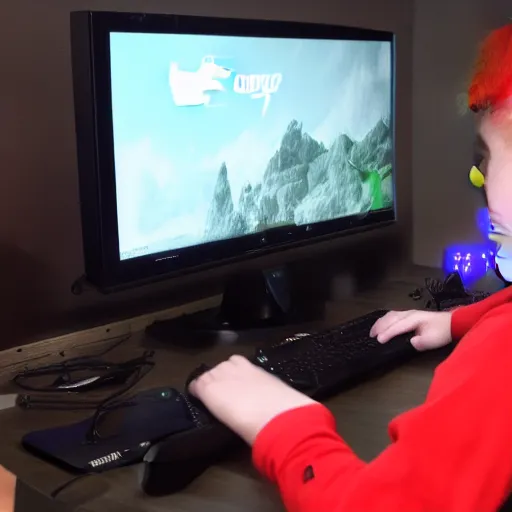 Image similar to a male ginger puppet streams games on his computer to twitch,