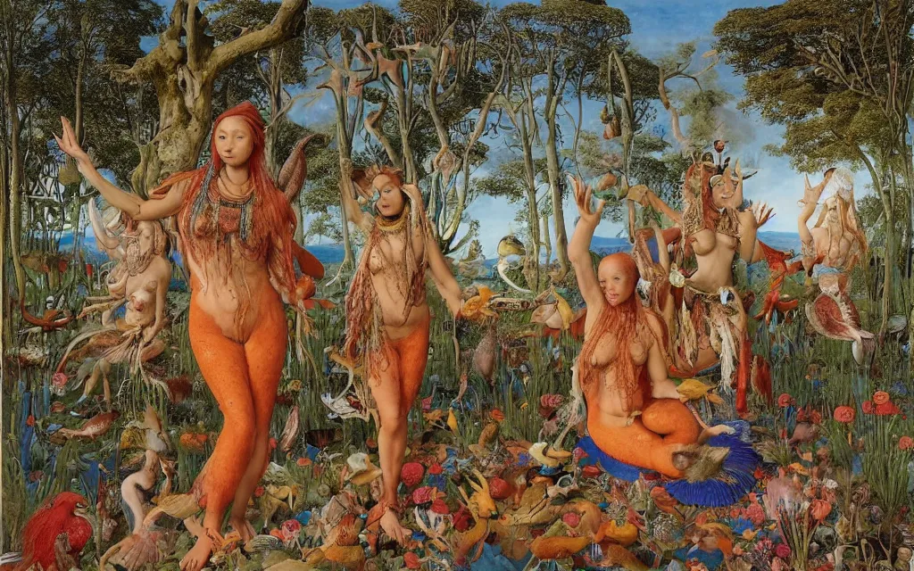 Prompt: a portrait photograph of a meditating mermaid shaman and a flayed centaur monk feeding parrots at a wide river delta. surrounded by bulbous flowers, animals and trees. mountain range under a vast blue sky of burning stars. painted by jan van eyck, max ernst, ernst haeckel, ernst fuchs and artgerm, trending on cgsociety