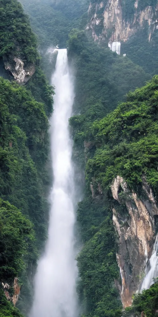 Image similar to a Cloudy peak in southern China with one waterfall, the style of National Geographic magazine