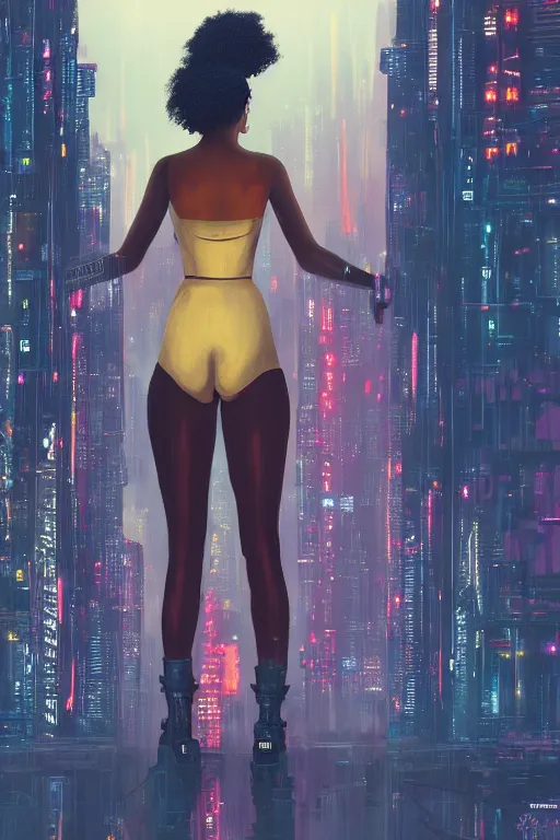Prompt: a beautiful young Black woman, cyberpunk, Blade Runner city background, highly detailed, 8K, artstation, illustration, art by Gustav Klimt
