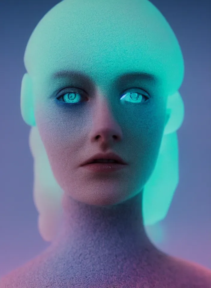 Image similar to high quality pastel coloured film close up photograph of a cyborg model in an icelandic black rock!! environment in a dreamstate environment. three point light. photographic production. art directed. pastel colours. volumetric light. pastel gradient overlay. waves glitch artefacts. extreme facial detail. 8 k. filmic.