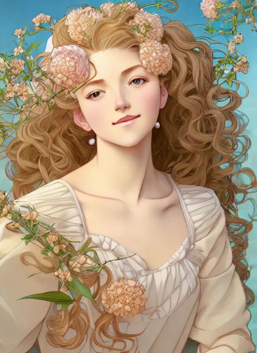 Image similar to young blond girl, goddess of pearls and peonies, with long curly, hazelnut hair, perfectly proportioned face, brown eyes, sweet smile, strong jawline,, natural lighting, path traced, highly detailed, high quality, cartoon, digital painting, by new haicheng and studio ghibli and alphonse mucha