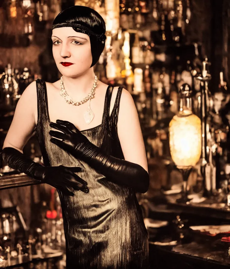 Prompt: colored shot of a 1 9 2 0 s short - haired flapper woman in black satin gloves looking at the camera, at a party in a dimly lit speakeasy bar, jazz age, precise, wide shot, cohesive, art deco, cinematic, low - lighting, photography