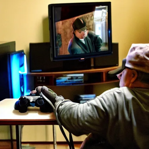 Image similar to Mafia boss playing video games with his grandson, shot on iPhone, living room, CRT TV