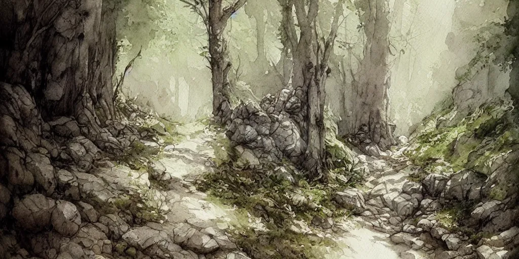 Prompt: ( ( path in the forest ) ), leading to a dark cave!!! entrance, exquisite masterpiece watercolor painting by jean - baptiste monge, trending on artstation