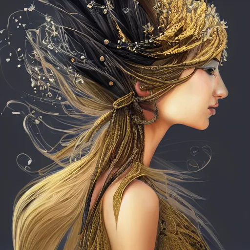 Image similar to A portrait of an attractive young female, beautiful long flowered hair, wearing a dress of black golden feathers, intricate, highly detailed, elegant, digital painting, trending on artstation