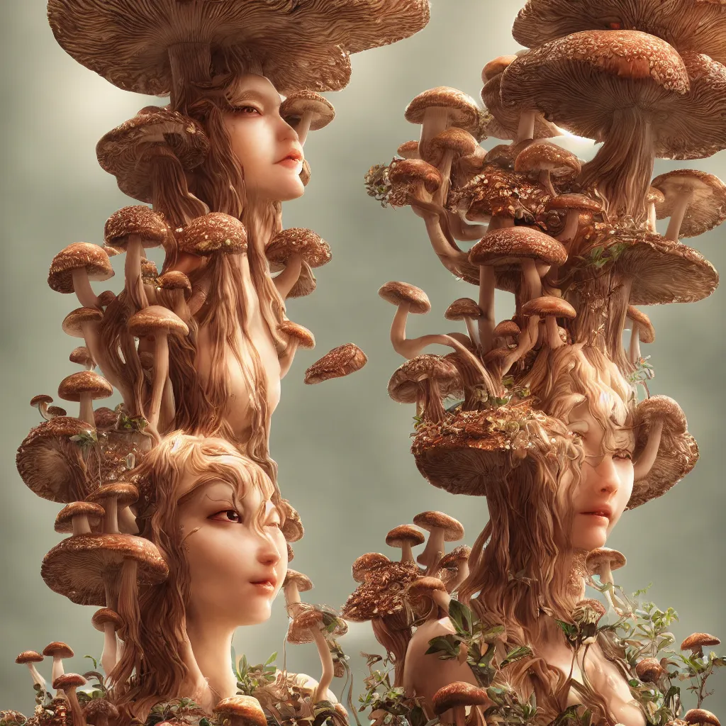 Image similar to mushroom goddess, extremely detailed, epic, 3D render, digital art, artstation, 8K artistic photography, photo-realistic, by Hiroya Oku and James Jean