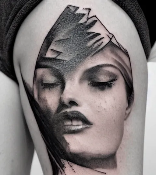 Prompt: tattoo design sketch of a beautiful woman face with a faded mountain scenery on her side, hyper - realistic, double exposure effect, in the style of matteo pasqualin, amazing detail, black and white, faded