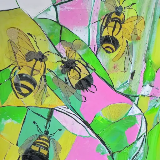 Prompt: a white beehive that has an abstract painting in pink and lime green on it painted by children, bees