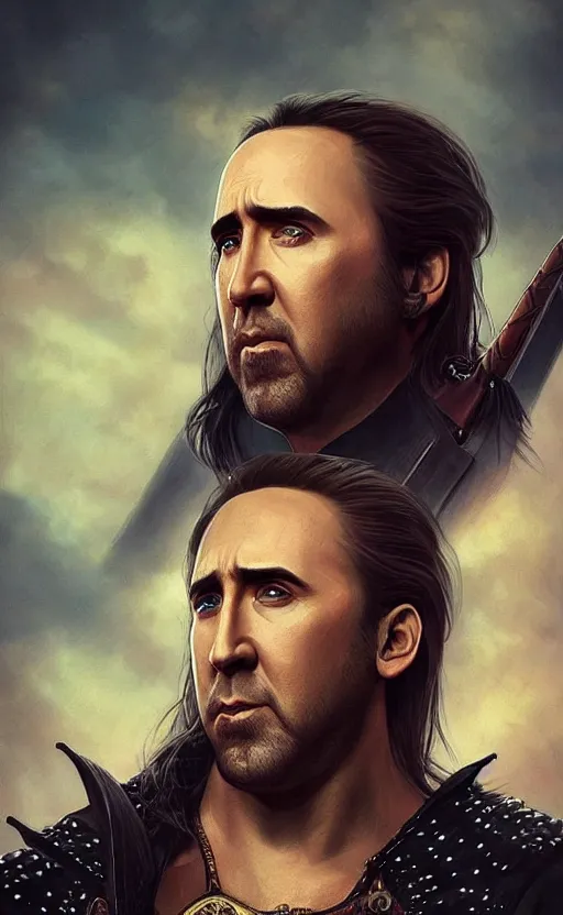 Prompt: nicolas cage as the witcher, highly detailed, digital painting, artstation, concept art, smooth, sharp focus, illustration, art by artgerm and alphonse mucha, high definition digital art, in the style of ilya kuvshinov and Ross tran