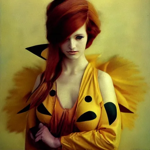 Image similar to elegant woman in a cosplay costume of pikachu, art photo by Annie Liebovitz and David Hamilton and Alphonse Mucha