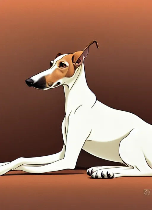Image similar to cute white brown greyhound with a brown ear, natural lighting, path traced, highly detailed, high quality, digital painting, by don bluth and ross tran and studio ghibli and alphonse mucha, artgerm
