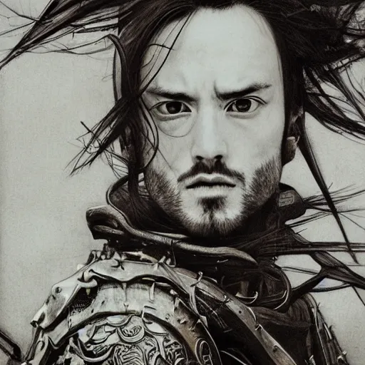 Image similar to Yoshitaka Amano realistic illustration of jessie pinkman ,hair fluttering in the wind, cracks on her face wearing Elden ring armour with engraving, abstract black and white patterns on the background, noisy film grain effect, highly detailed, Renaissance oil painting, weird portrait angle, blurred lost edges, three quarter view